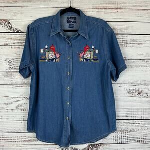 Women NWOT VTG Lets Quizz Again Granny Denim Shirt Embroider Bear Flag Teacher L